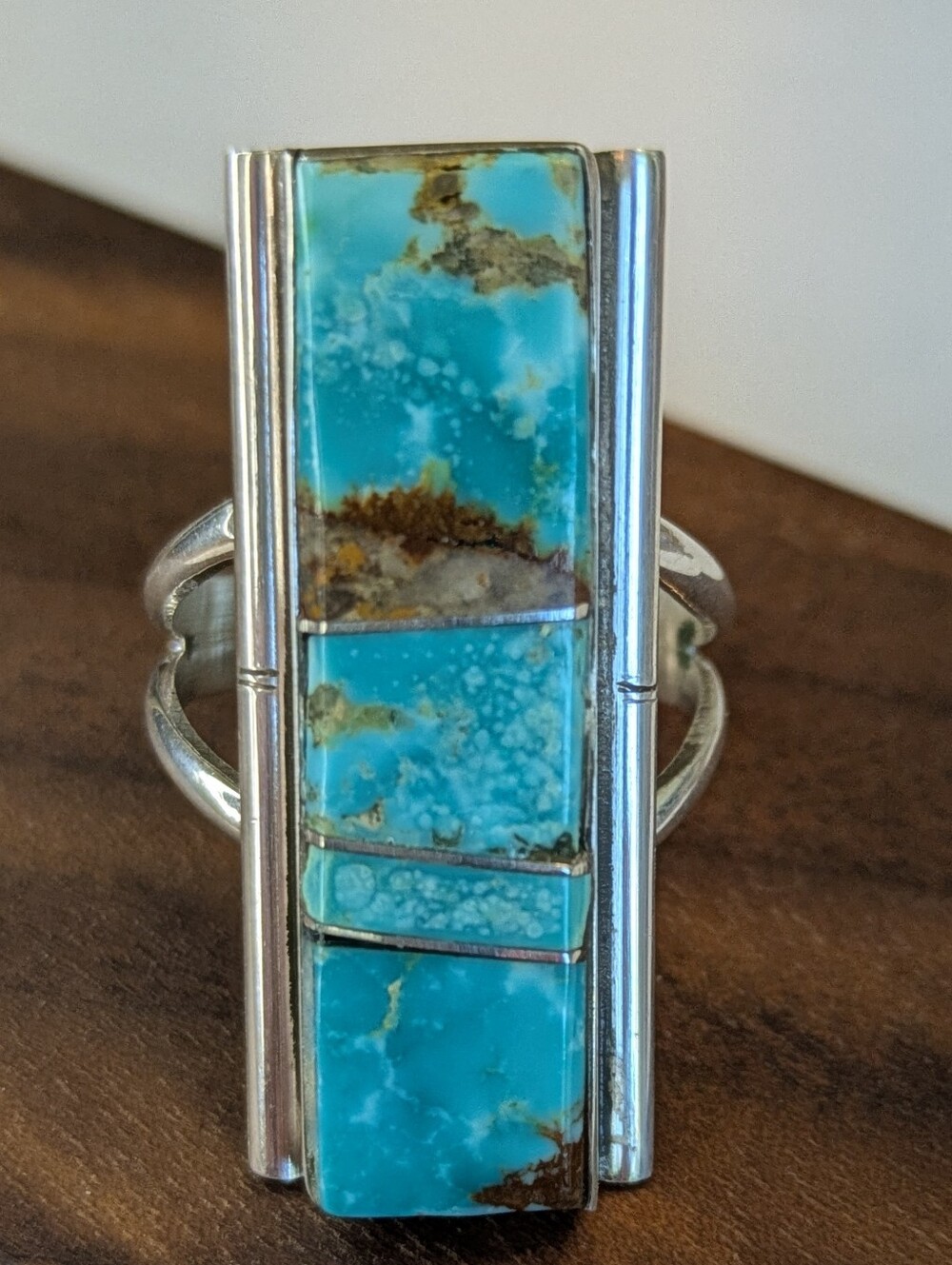 Steve Francisco Navajo Sterling Silver Kingman Turquoise Inlay Ring Size 7